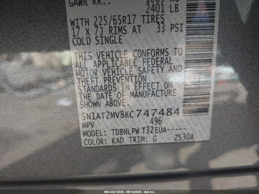 2019 Nissan Rogue S VIN: 5N1AT2MV8KC747484 Lot: 43213038