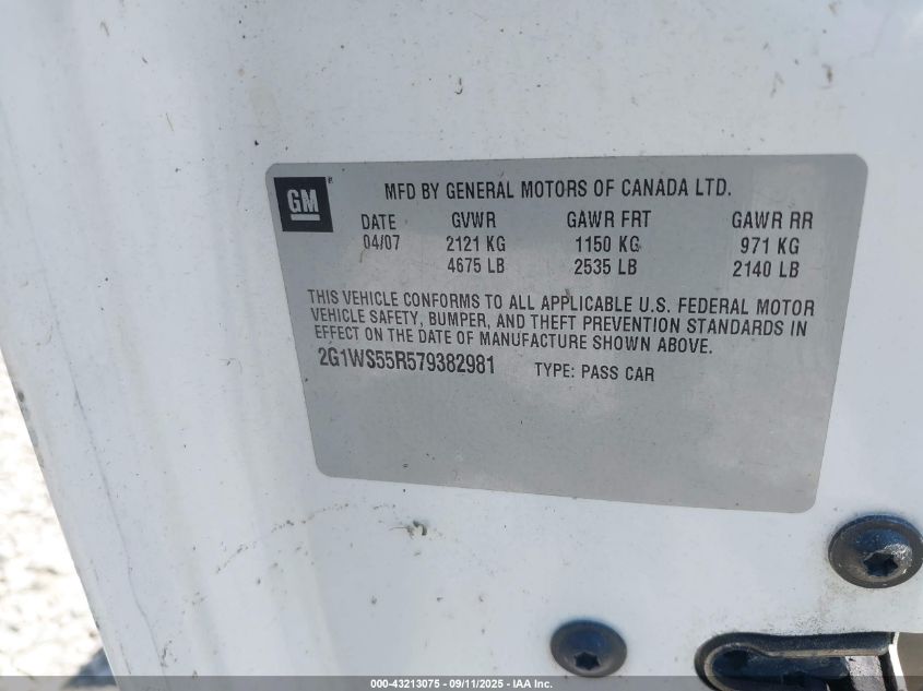 2007 Chevrolet Impala Police VIN: 2G1WS55R579382981 Lot: 43213075