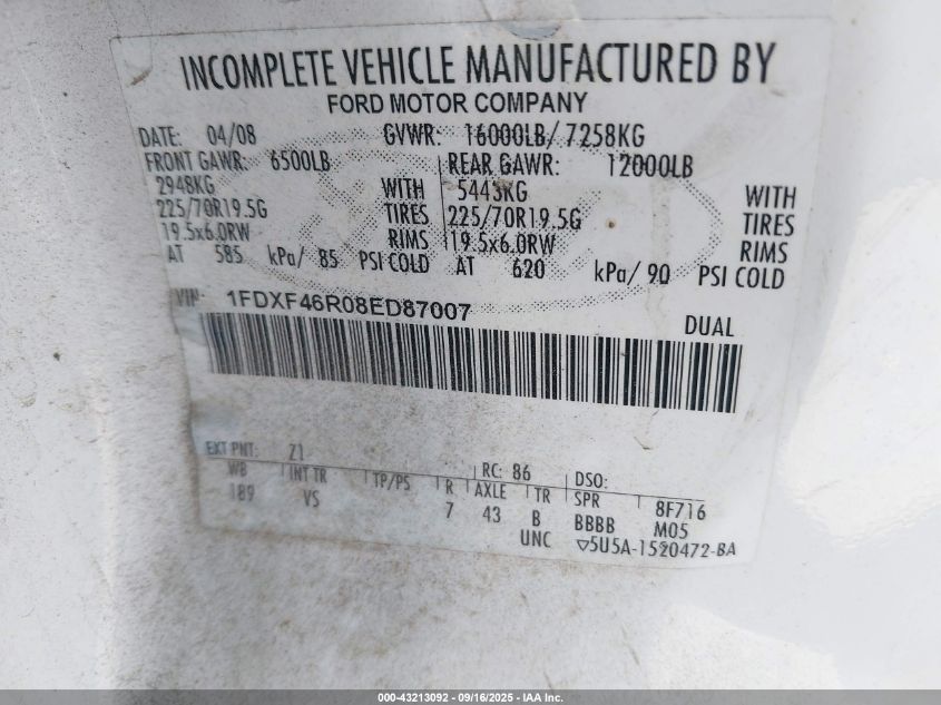 2008 Ford F-450 Chassis Xl/Xlt VIN: 1FDXF46R08ED87007 Lot: 43213092