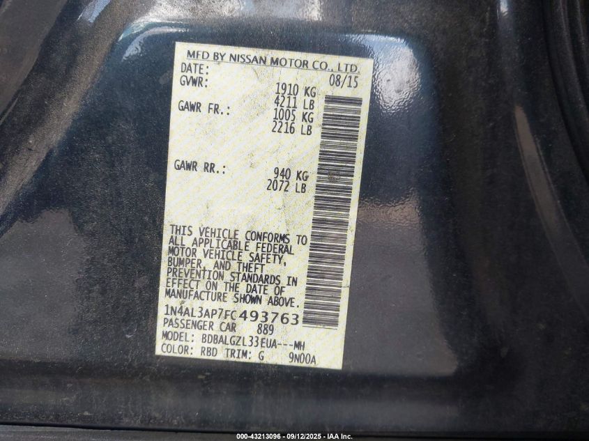 2015 Nissan Altima 2.5 S VIN: 1N4AL3AP7FC493763 Lot: 43213096