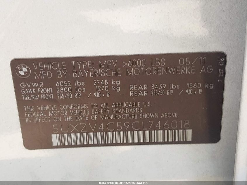 2012 BMW X5 xDrive35I/xDrive35I Premium/xDrive35I Sport Activity VIN: 5UXZV4C59CL746018 Lot: 43213098