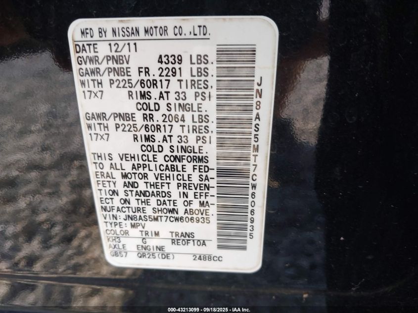 2012 Nissan Rogue Sv VIN: JN8AS5MT7CW606935 Lot: 43213099