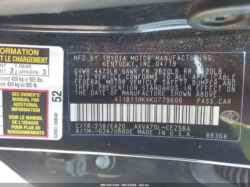 2019 Toyota Camry Se VIN: 4T1B11HK4KU779606 Lot: 43213104