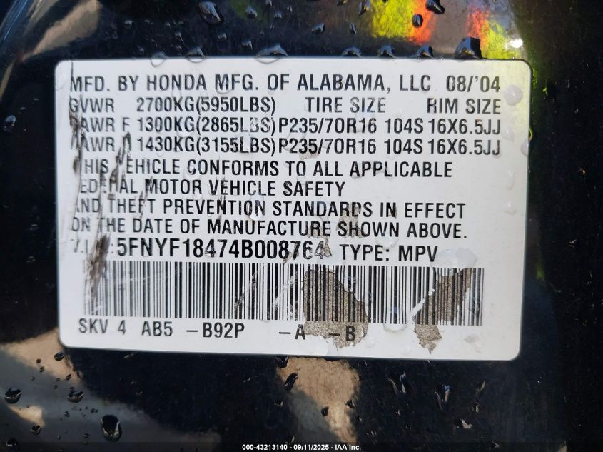 2004 Honda Pilot Ex VIN: 5FNYF18474B008764 Lot: 43213140