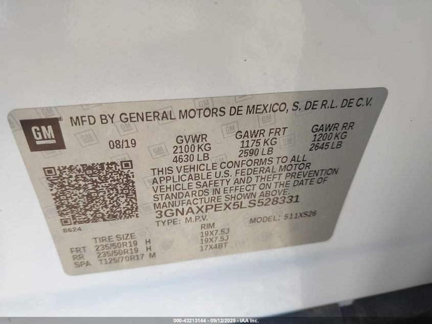 2020 Chevrolet Equinox Fwd Premier 2.0L Turbo VIN: 3GNAXPEX5LS528331 Lot: 43213144