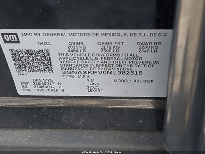 2021 Chevrolet Equinox Fwd Lt VIN: 3GNAXKEV0ML382515 Lot: 43213145
