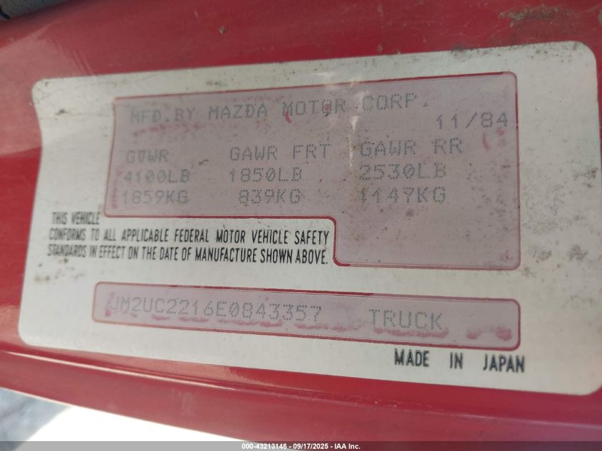 1984 Mazda B2000 Long Bed VIN: JM2UC2216E0843357 Lot: 43213146