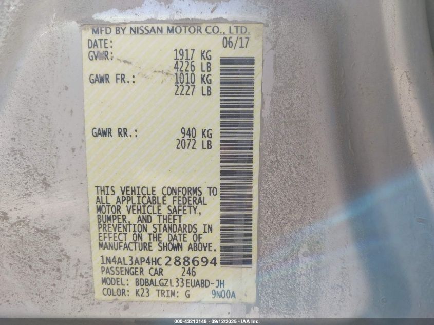 2017 Nissan Altima 2.5 S VIN: 1N4AL3AP4HC288694 Lot: 43213149