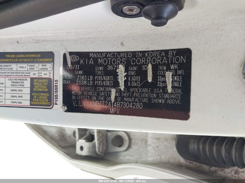 2011 Kia Soul VIN: KNDJT2A14B7304280 Lot: 43213150