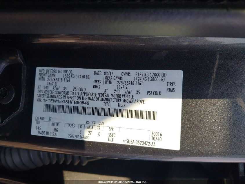 2017 Ford F150 Supercrew VIN: 1FTEW1EG8HFB80840 Lot: 43213152