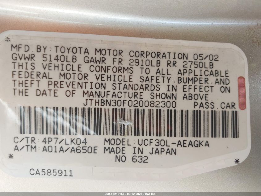 2002 Lexus Ls 430 VIN: JTHBN30F020082300 Lot: 43213156