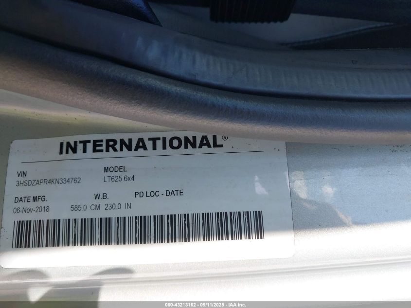 2019 International Lt VIN: 3HSDZAPR4KN334762 Lot: 43213162