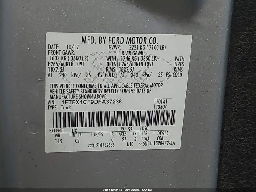 2013 Ford F-150 Stx VIN: 1FTFX1CF9DFA37238 Lot: 43213174