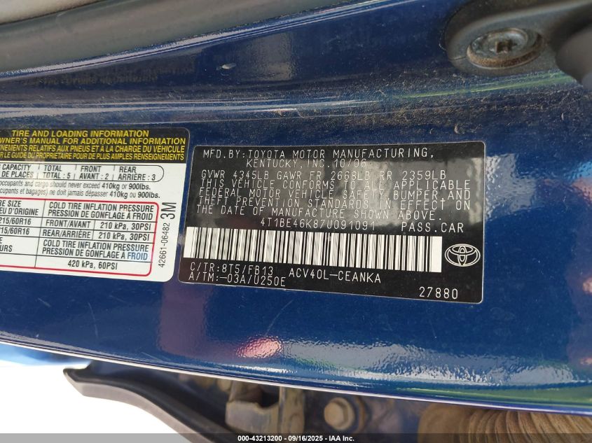 2007 Toyota Camry Le VIN: 4T1BE46K87U091091 Lot: 43213200