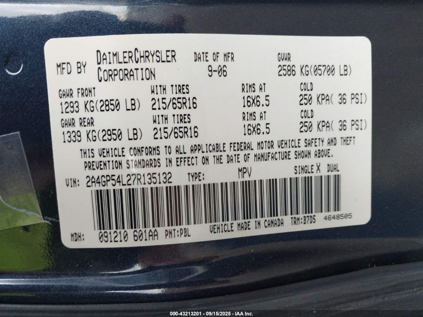 2007 Chrysler Town & Country Touring VIN: 2A4GP54L27R135132 Lot: 43213201