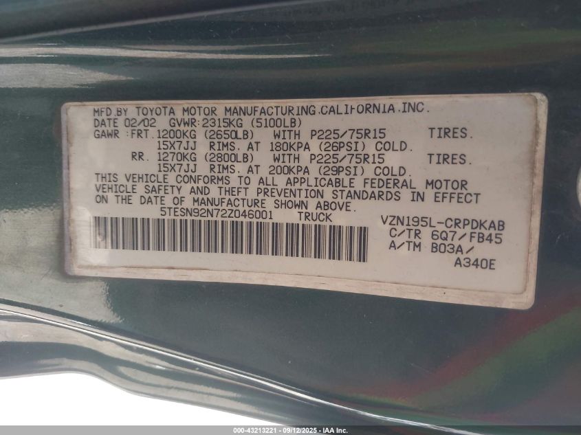 2002 Toyota Tacoma Prerunner V6 VIN: 5TESN92N72Z046001 Lot: 43213221