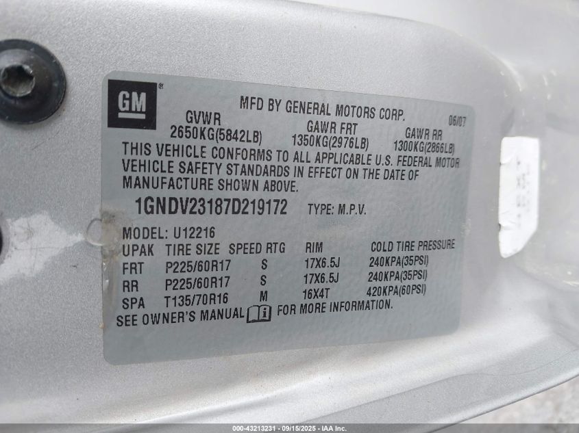2007 Chevrolet Uplander Ls VIN: 1GNDV23187D219172 Lot: 43213231