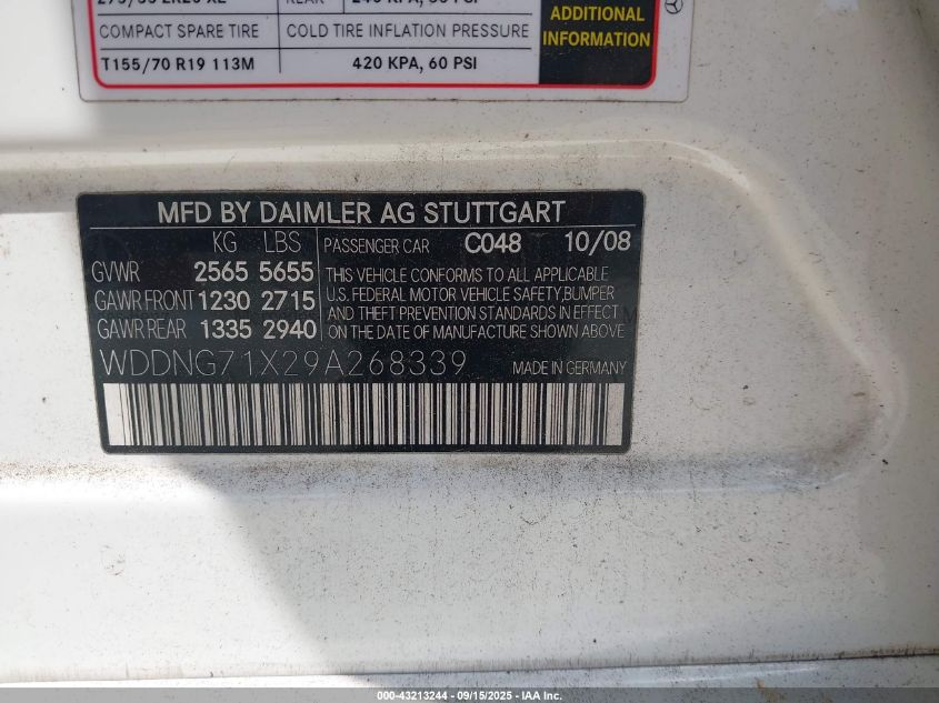 2009 Mercedes-Benz S 550 VIN: WDDNG71X29A268339 Lot: 43213244