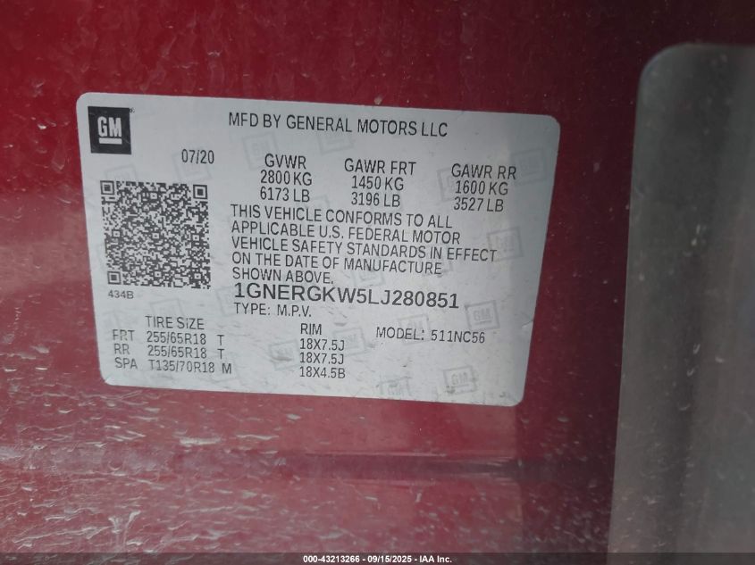 2020 Chevrolet Traverse Fwd Lt Cloth VIN: 1GNERGKW5LJ280851 Lot: 43213266