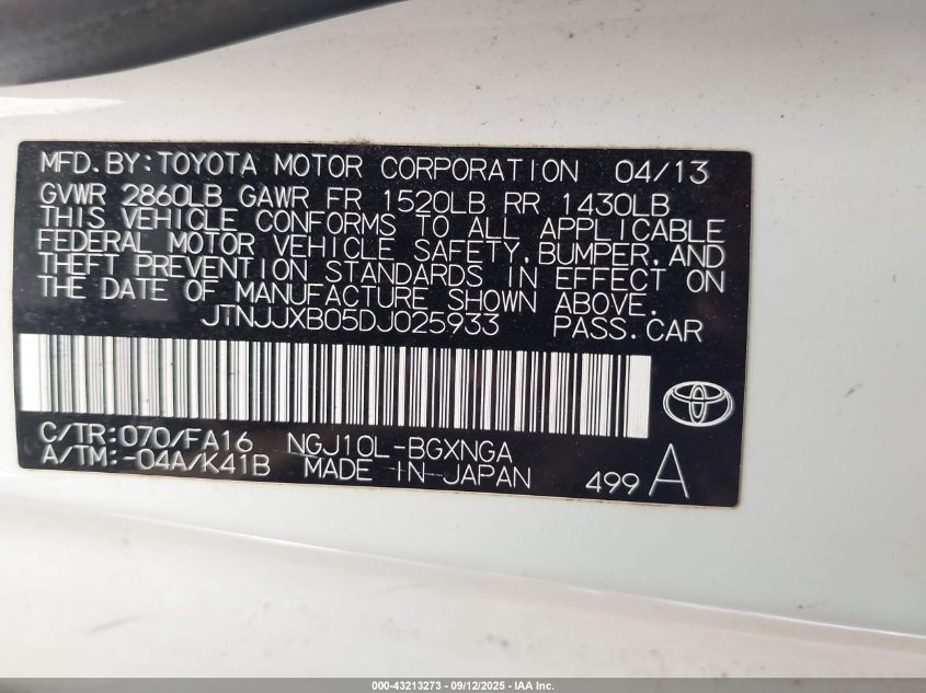 2013 Scion Iq VIN: JTNJJXB05DJ025933 Lot: 43213273