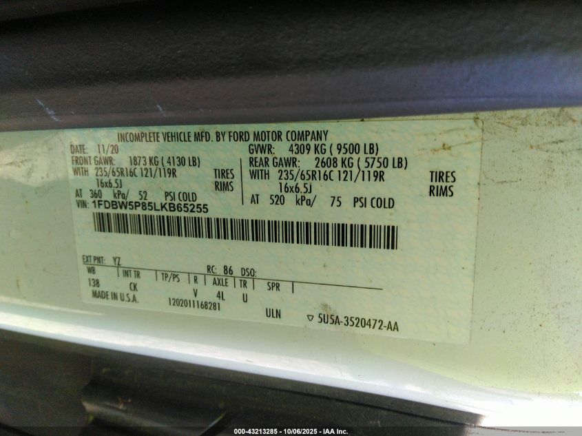 2020 Ford Transit-350 Cutaway VIN: 1FDBW5P85LKB65255 Lot: 43213285