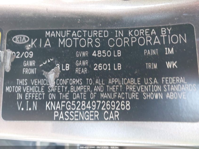 2009 Kia Rondo Lx VIN: KNAFG528497269268 Lot: 43213300