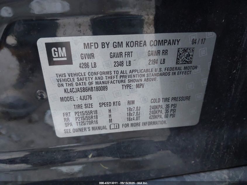 2017 Buick Encore Preferred VIN: KL4CJASB6HB180089 Lot: 43213311