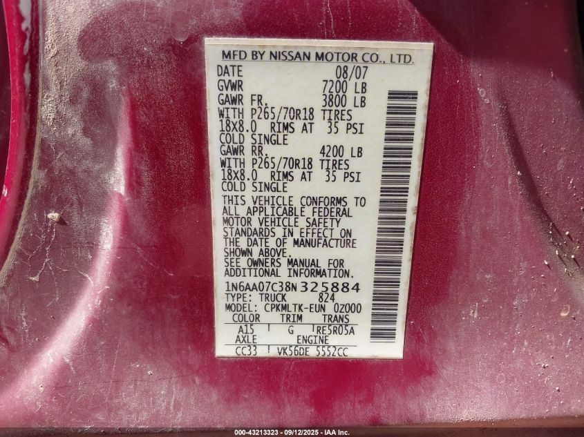 2008 Nissan Titan Se VIN: 1N6AA07C38N325884 Lot: 43213323