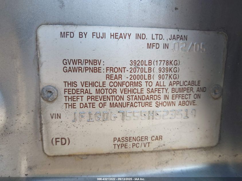 2005 Subaru Impreza 2.5Rs VIN: JF1GD67555H523519 Lot: 43213322
