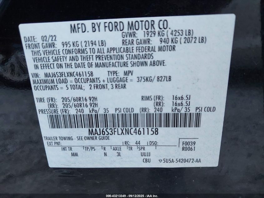 2022 Ford Ecosport S VIN: MAJ6S3FLXNC461158 Lot: 43435557