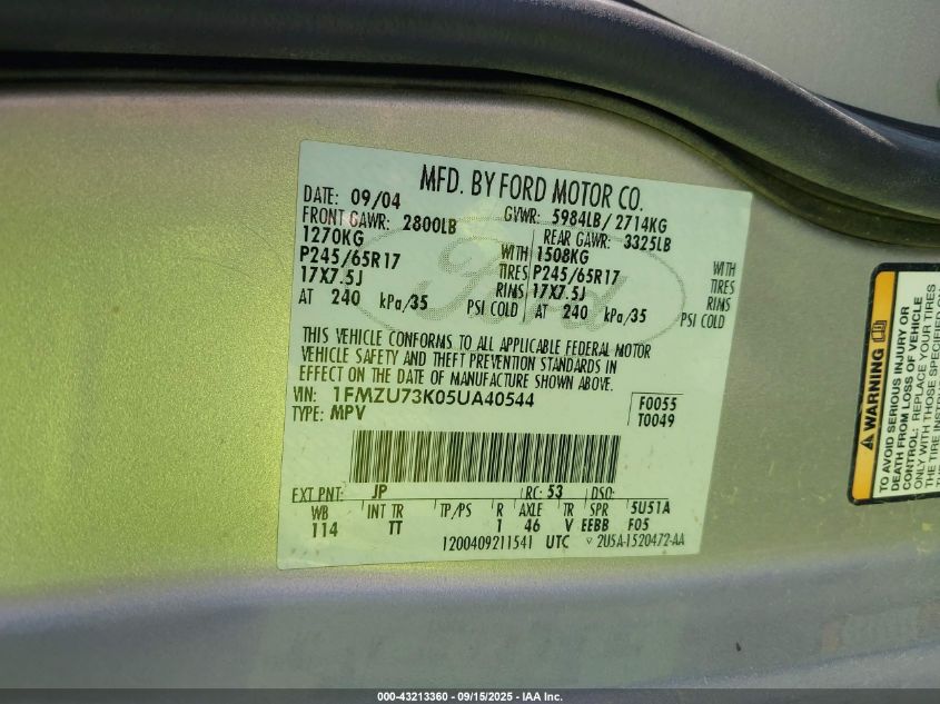 2005 Ford Explorer Xlt/Xlt Sport VIN: 1FMZU73K05UA40544 Lot: 43213360