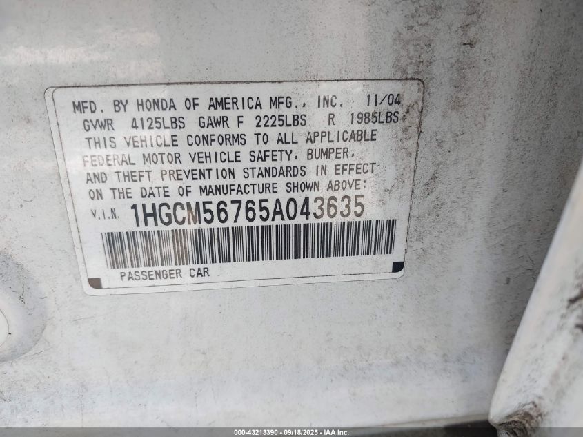 2005 Honda Accord 2.4 Ex VIN: 1HGCM56765A043635 Lot: 43213390