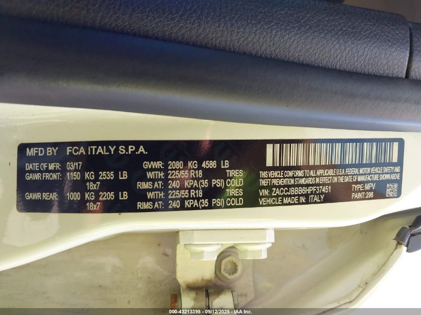 2017 Jeep Renegade Altitude 4X4 VIN: ZACCJBBB6HPF37451 Lot: 43213398