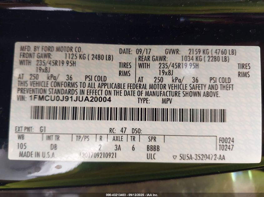 2018 Ford Escape Titanium VIN: 1FMCU0J91JUA20004 Lot: 43213403