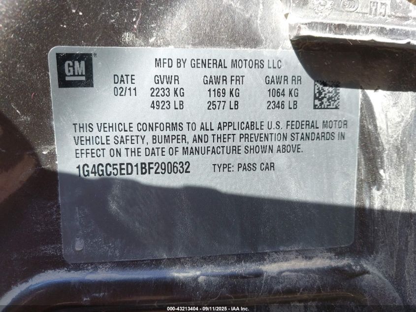 2011 Buick Lacrosse Cxl VIN: 1G4GC5ED1BF290632 Lot: 43213404