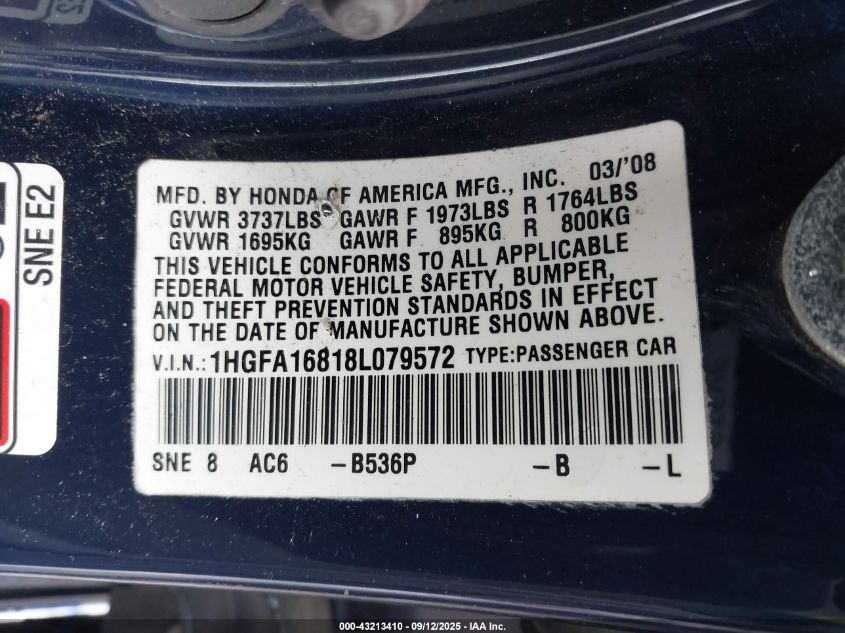 2008 Honda Civic Ex VIN: 1HGFA16818L079572 Lot: 43213410