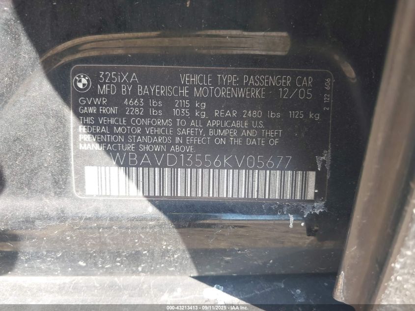 2006 BMW 325Xi VIN: WBAVD13556KV05677 Lot: 43213413