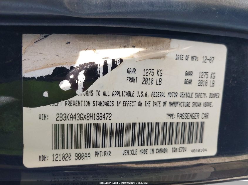2008 Dodge Charger VIN: 2B3KA43GX8H198472 Lot: 43213431