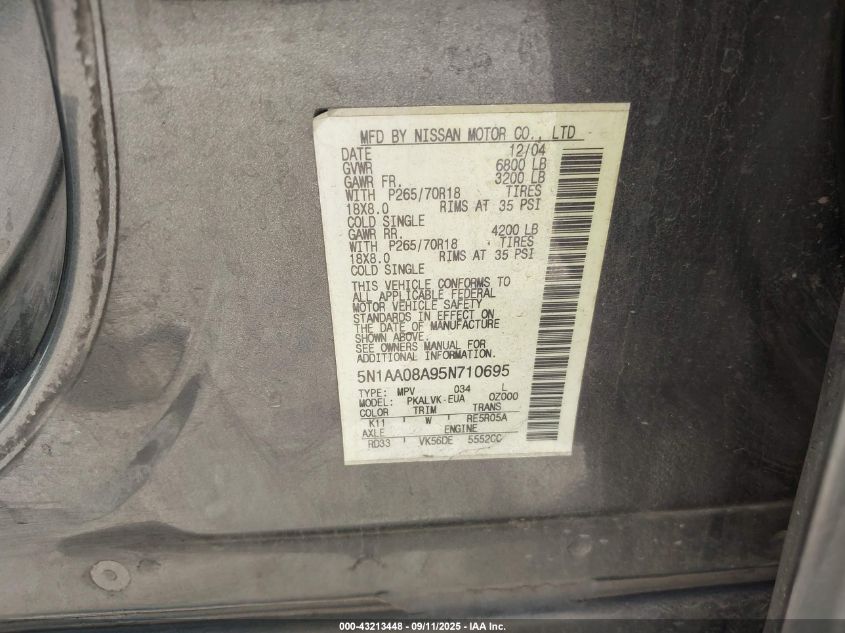 2005 Nissan Armada Le VIN: 5N1AA08A95N710695 Lot: 43213448