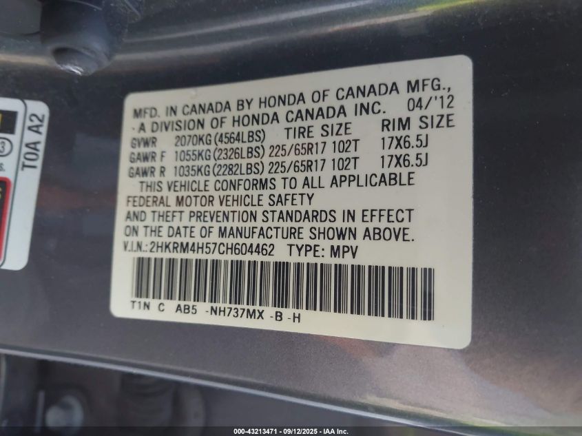 2012 Honda Cr-V Ex VIN: 2HKRM4H57CH604462 Lot: 43213471