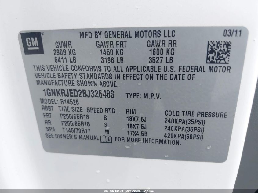 2011 Chevrolet Traverse 2Lt VIN: 1GNKRJED2BJ326483 Lot: 43213469