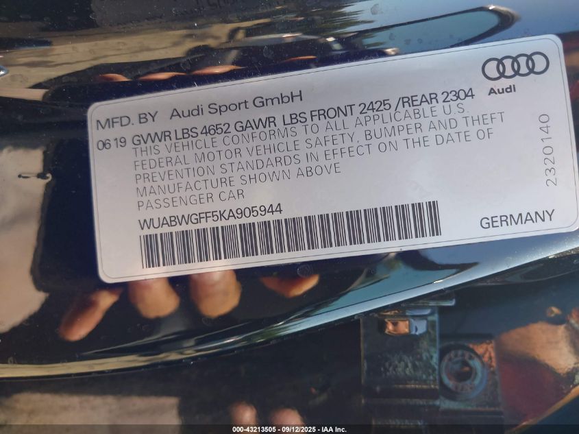 2019 Audi Rs 3 2.5T VIN: WUABWGFF5KA905944 Lot: 43213505