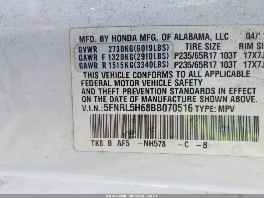 2011 Honda Odyssey Ex-L VIN: 5FNRL5H68BB070516 Lot: 43213508