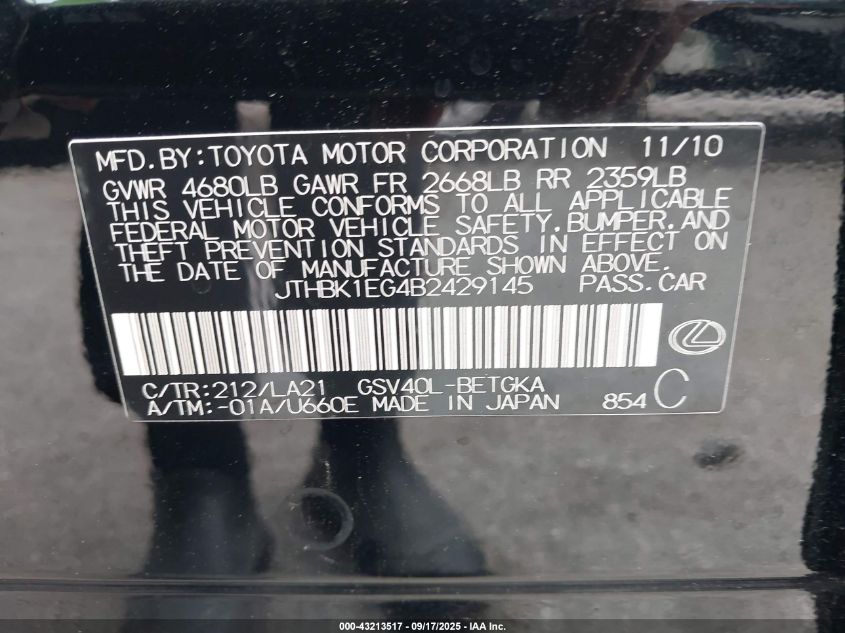 2011 Lexus Es 350 VIN: JTHBK1EG4B2429145 Lot: 43213517