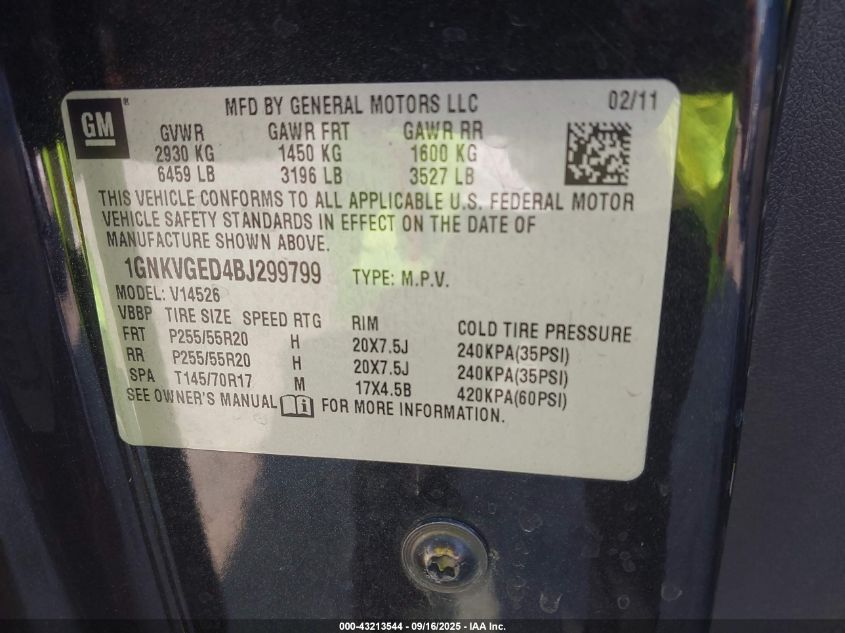 2011 Chevrolet Traverse 1Lt VIN: 1GNKVGED4BJ299799 Lot: 43213544