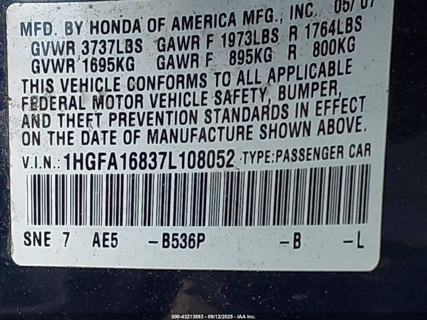 2007 Honda Civic Ex VIN: 1HGFA16837L108052 Lot: 43213563