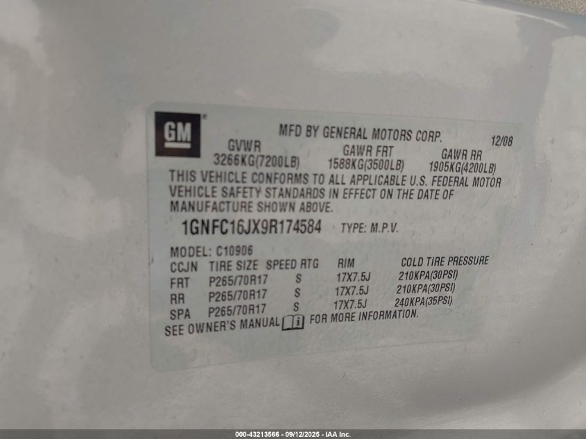2009 Chevrolet Suburban 1500 Ls VIN: 1GNFC16JX9R174584 Lot: 43213566
