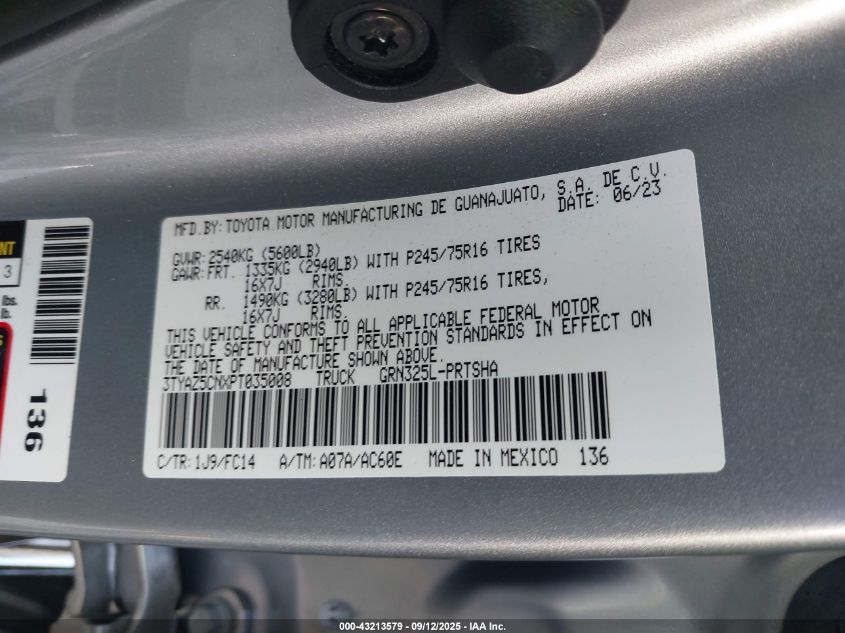 2023 Toyota Tacoma Double Cab/Sr5/Trd Sport/Trd Off Road VIN: 3TYAZ5CNXPT035008 Lot: 43213579