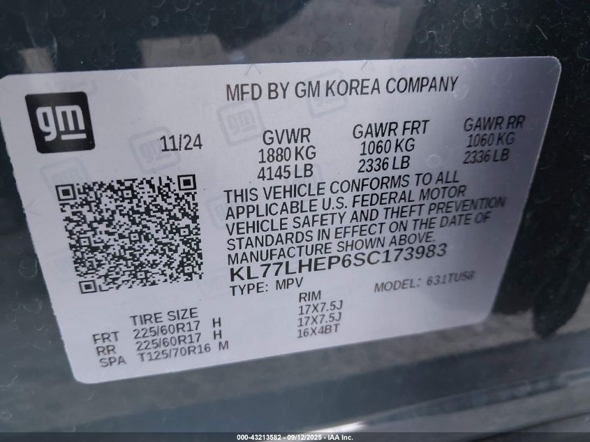 2025 Chevrolet Trax Fwd Lt VIN: KL77LHEP6SC173983 Lot: 43213582