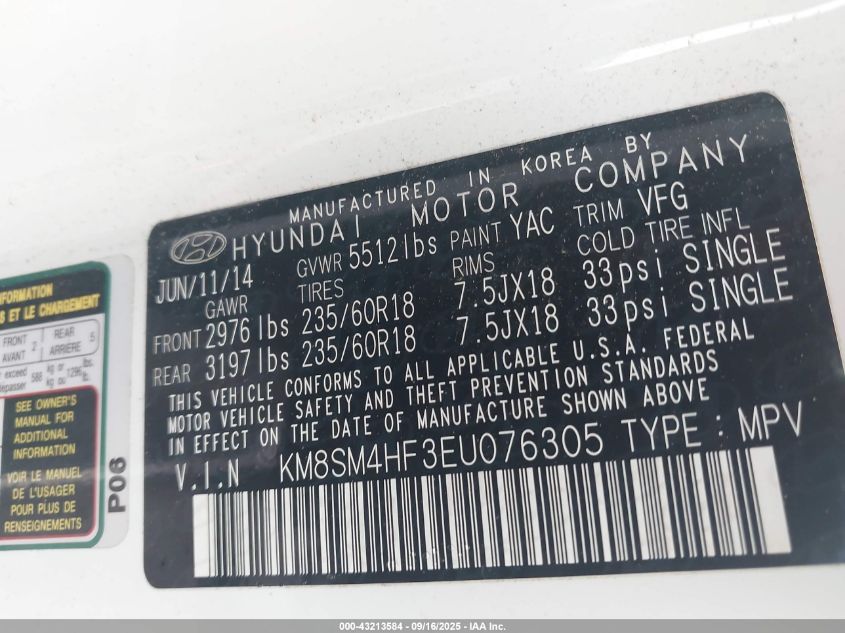 2014 Hyundai Santa Fe Gls VIN: KM8SM4HF3EU076305 Lot: 43213584